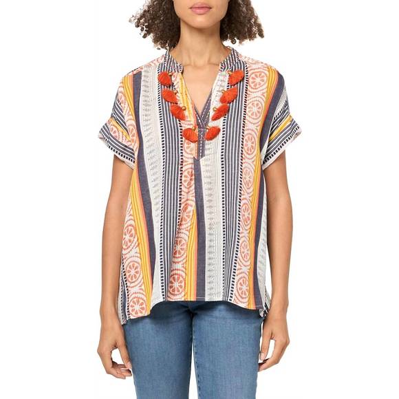 NEW TRU LUXE stripe henley popover top in multi - Picture 1 of 2